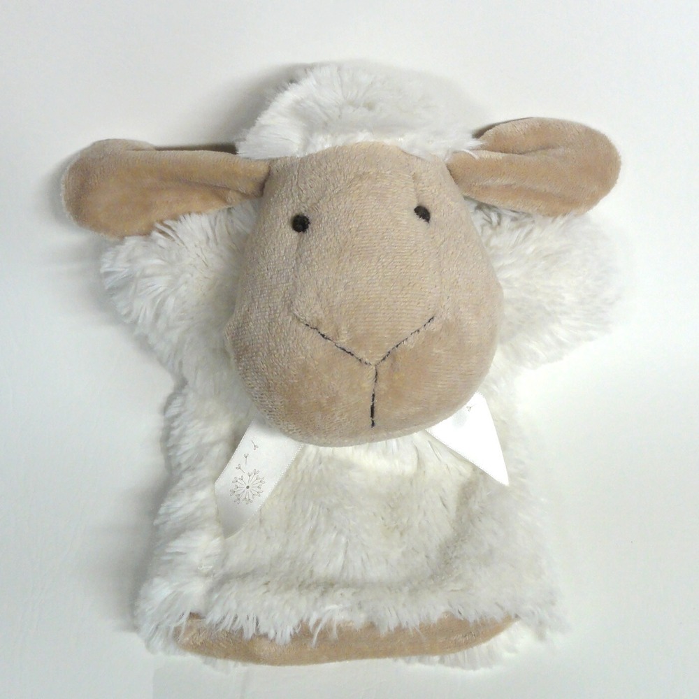 Mon Ami Lamb Sheep Hand Puppet Plush White Beige Satin Bow Super Soft EUC